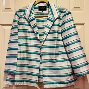 Lafayette 148 New York Open Front Stripe Jacket Sz XL Pockets Blue White